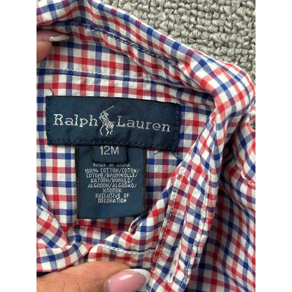 Ralph Lauren Button Down Shirt Kids 12M Red Blue Gingham Check 100% Cotton Event